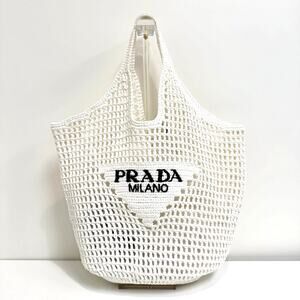 PRADA White Triangle Logo Raffia Hobo Tote Bag Black Milano Crochet Beach